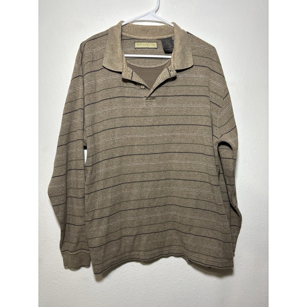 Naturalife Men's XL Brown Striped Collared Polo Shirt Cotton Knit Long Sleeve